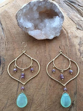 Load image into Gallery viewer, Mystic Sapphire Earrings | Chalcedony Earrings | Gold Vermeil Earrings | Bohemian Earrings | Gemstone Earrings | Chandelier Earrings
