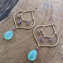 Load image into Gallery viewer, Mystic Sapphire Earrings | Chalcedony Earrings | Gold Vermeil Earrings | Bohemian Earrings | Gemstone Earrings | Chandelier Earrings
