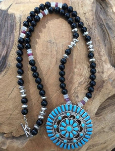 Kingman Turquoise Necklace | Zuni Pendant | Black Onyx | Genuine Ruby | Moonstone | Thai Silver | Bohemian | Gemstone | Tribal