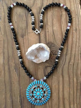 Load image into Gallery viewer, Kingman Turquoise Necklace | Zuni Pendant | Black Onyx | Genuine Ruby | Moonstone | Thai Silver | Bohemian | Gemstone | Tribal
