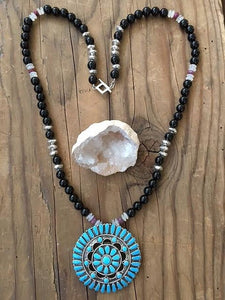 Kingman Turquoise Necklace | Zuni Pendant | Black Onyx | Genuine Ruby | Moonstone | Thai Silver | Bohemian | Gemstone | Tribal