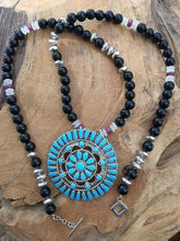 Load image into Gallery viewer, Kingman Turquoise Necklace | Zuni Pendant | Black Onyx | Genuine Ruby | Moonstone | Thai Silver | Bohemian | Gemstone | Tribal
