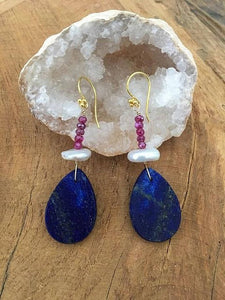 Lapis Lazuli Earrings | Mystic Berry Moonstone | Freshwater Pearl | 24K Gold Vermeil | Gemstone | Bohemian