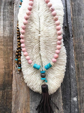 Load image into Gallery viewer, Pave Diamond Necklace | Leather Tassel Necklace | Kingman Turquoise | Rhodochrosite | Moonstone | Bohemian
