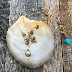 Black Tahitian Pearl Necklace | Labradorite | Turquoise | 24K Gold Vermeil | Bohemian | Gemstone