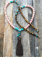 Load image into Gallery viewer, Pave Diamond Necklace | Leather Tassel Necklace | Kingman Turquoise | Rhodochrosite | Moonstone | Bohemian
