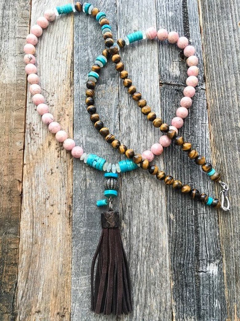 Pave Diamond Necklace | Leather Tassel Necklace | Kingman Turquoise | Rhodochrosite | Moonstone | Bohemian