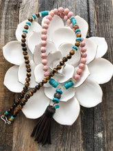 Load image into Gallery viewer, Pave Diamond Necklace | Leather Tassel Necklace | Kingman Turquoise | Rhodochrosite | Moonstone | Bohemian
