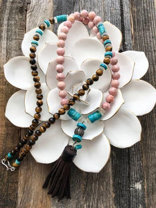 Pave Diamond Necklace | Leather Tassel Necklace | Kingman Turquoise | Rhodochrosite | Moonstone | Bohemian