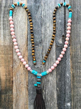 Load image into Gallery viewer, Pave Diamond Necklace | Leather Tassel Necklace | Kingman Turquoise | Rhodochrosite | Moonstone | Bohemian
