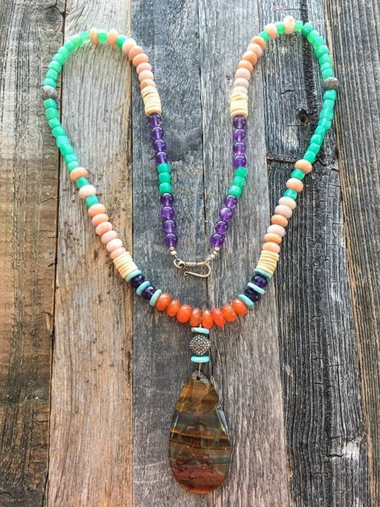 Tigers Eye Necklace | Pave Diamond | Peruvian Pink Opal | Chrysoprase | Amethyst | Carnelian | Turquoise | Bohemian