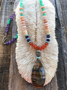 Tigers Eye Necklace | Pave Diamond | Peruvian Pink Opal | Chrysoprase | Amethyst | Carnelian | Turquoise | Bohemian