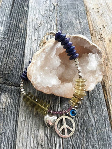 Peace And Love Bracelet | Evil Eye Bracelet | Thai Karen Hill Tribe Silver | Lapis Lazuli | Lemon Quartz