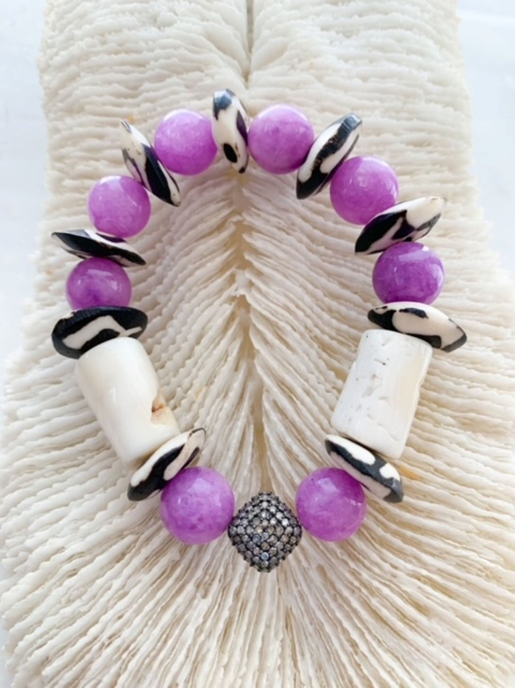 Pave Diamond Bracelet | Bamboo Coral | Purple Phosphosiderite | African Trade Beads | Beach Chic