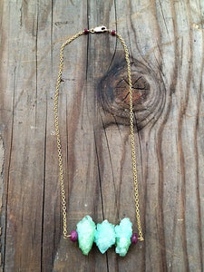 Green Apple Druzy Necklace / Ruby Necklace/ Bohemian Necklace / Gold Chain Necklace / SALE