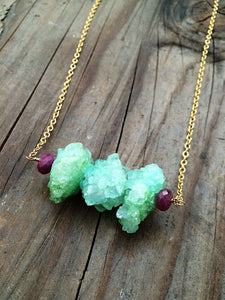 Green Apple Druzy Necklace / Ruby Necklace/ Bohemian Necklace / Gold Chain Necklace / SALE