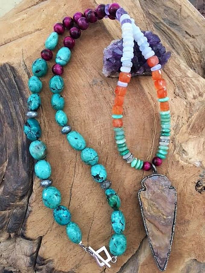 Pave Diamond Arrowhead Necklace | TibetanTurquoise | Chrysoprase | Amethyst | Carnelian | Gemstone | Bohemian | Tribal