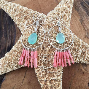 Coral Branch Earrings | Aqua Chalcedony Earrings | Moonstone Earrings | Hoop Earrings | Bohemian Earrings