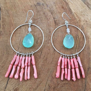 Coral Branch Earrings | Aqua Chalcedony Earrings | Moonstone Earrings | Hoop Earrings | Bohemian Earrings