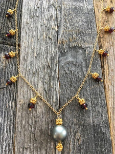 Black Tahitian Pearl Necklace | Garnet | Chalcedony | 24K Gold Vermeil | Bohemian | Gemstone