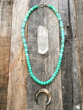 Load image into Gallery viewer, Mother of Pearl Crescent Moon Necklace | Chrysoprase | Peruvian Opal | Ruby | Double Horn | Gemstone | Bohemian

