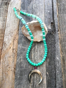 Mother of Pearl Crescent Moon Necklace | Chrysoprase | Peruvian Opal | Ruby | Double Horn | Gemstone | Bohemian