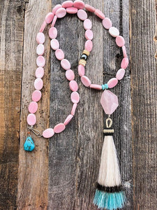 Pink Conch Shell Necklace | Tahitian Pearl | Rose Quartz | Peruvian Opal | Turquoise | Tassel | Layered | Long Necklace