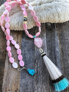 Pink Conch Shell Necklace | Tahitian Pearl | Rose Quartz | Peruvian Opal | Turquoise | Tassel | Layered | Long Necklace