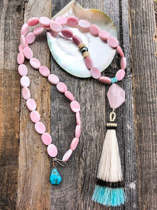 Pink Conch Shell Necklace | Tahitian Pearl | Rose Quartz | Peruvian Opal | Turquoise | Tassel | Layered | Long Necklace