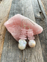 Load image into Gallery viewer, Fireball Pearl Earrings | Rose Quartz Earrings | Sterling Silver | Beach Style | Bohemian | Raw Gemstone
