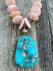 Turquoise Necklace | Pink Conch Shell | Tahitian Pearl | Moonstone | Peruvian Opal | Leather | Beach Style