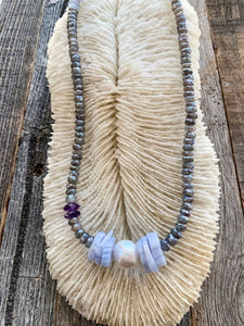 Mystic Labradorite Necklace | Blue Lace Agate | Freshwater Pearl | Amethyst | Gemstone Necklace | Beach Style