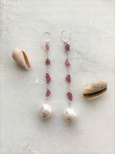 Load image into Gallery viewer, Pink Tourmaline Earrings | Baroque Freshwater Pearl | Sterling Silver | Beach Style | Pink Stone | Gemstone
