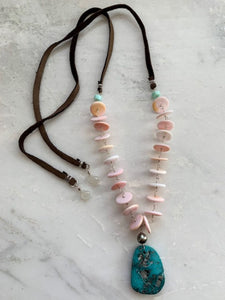 Turquoise Necklace | Pink Conch Shell | Tahitian Pearl | Moonstone | Peruvian Opal | Leather | Beach Style