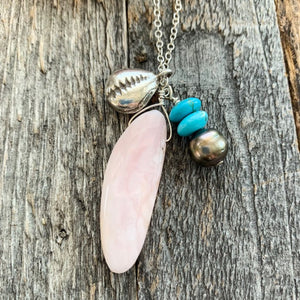 Cowrie Shell Necklace | Puka Shell | Tahitian Pearl | Pink Opal | Turquoise | Thai Karen Hill Tribe Silver