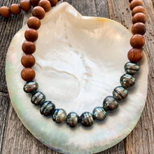 Load image into Gallery viewer, Tahitian Pearl Necklace | Sandalwood | Kingman Turquoise | Greek Leather | Long Necklace | Beach Style
