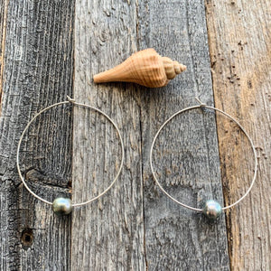 Genuine Tahitian Pearl Hoop Earrings | Sterling Silver | Large Hoops | Exotic | Bohemian | Beach Style