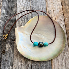 Load image into Gallery viewer, Genuine Black Tahitian Pearl Necklace | Kingman Turquoise | Luxurious Greek Leather | 24K Gold Vermeil
