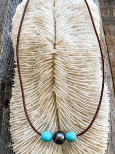 Genuine Black Tahitian Pearl Necklace | Kingman Turquoise | Luxurious Greek Leather | 24K Gold Vermeil