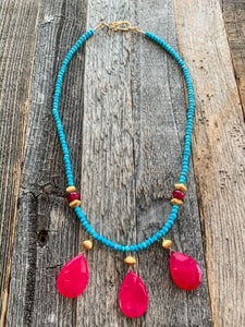 Fuchsia Chalcedony Necklace | Arizona Turquoise | Cats Eye | 24K Gold Vermeil | Exotic | Bohemian | Beach Style