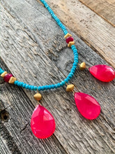Load image into Gallery viewer, Fuchsia Chalcedony Necklace | Arizona Turquoise | Cats Eye | 24K Gold Vermeil | Exotic | Bohemian | Beach Style

