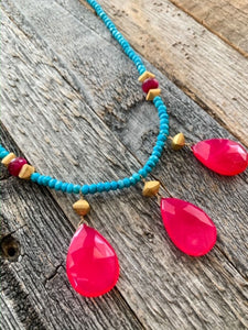 Fuchsia Chalcedony Necklace | Arizona Turquoise | Cats Eye | 24K Gold Vermeil | Exotic | Bohemian | Beach Style