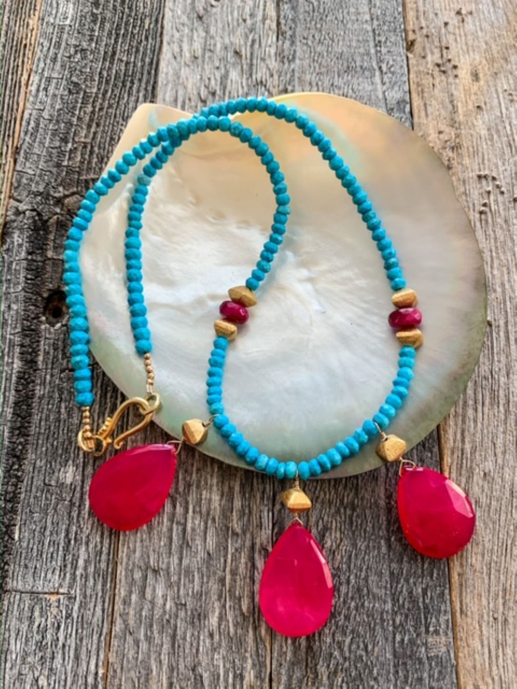 Fuchsia Chalcedony Necklace | Arizona Turquoise | Cats Eye | 24K Gold Vermeil | Exotic | Bohemian | Beach Style