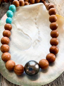 Tahitian Pearl Necklace | Sandalwood | Kingman Turquoise | Greek Leather | Long Necklace | Beach Style | Layered
