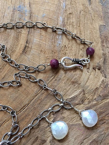 Thai Karen Hill Tribe Silver Necklace | Silver Moon Necklace | Pearl Chalcedony | Genuine Ruby | Bohemian | Gemstone