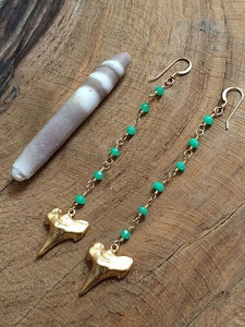 Gold Shark Tooth Earrings / Chrysoprase Earrings / Bohemian Earrings / Gemstone Earrings