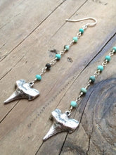 Load image into Gallery viewer, Sterling Silver Shark Tooth Earrings / Green Aussie Opal Earrings / Tribal Earrings/ Bohemian Earrings

