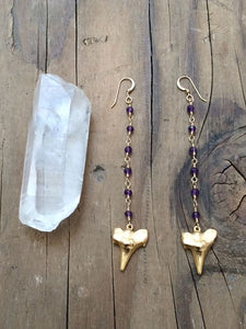 Gold Shark Tooth Earrings / Amethyst Earrings / Bohemian Earrings / Gemstone Earrings / Tribal Earrings