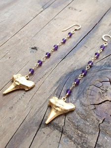 Gold Shark Tooth Earrings / Amethyst Earrings / Bohemian Earrings / Gemstone Earrings / Tribal Earrings