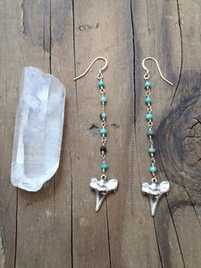 Sterling Silver Shark Tooth Earrings / Green Aussie Opal Earrings / Tribal Earrings/ Bohemian Earrings